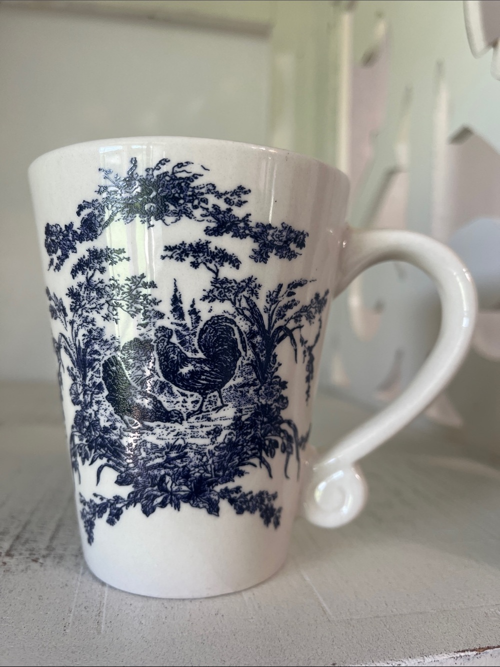 Blue & White Toile Rooster Chicken Pastoral Ceramic Coffee Mug Classic Farmhouse
